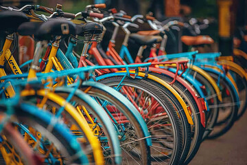 Close-up of bicycles standing in a row on a city street.