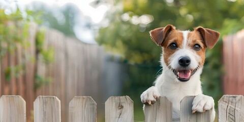 Cute dog leaning on wooden fence with space for pet adoption campaigns. Concept Pets, Adoption, Outdoor Photoshoot, Wood Fence, Cute Dog