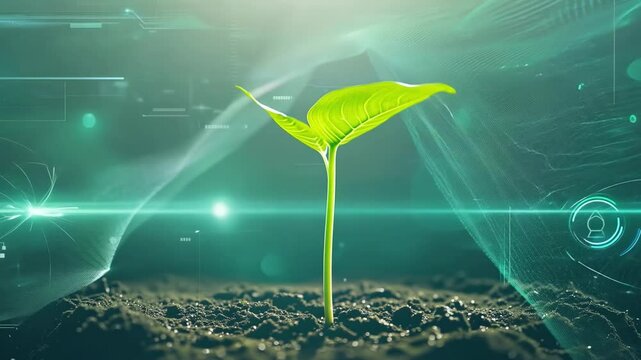 Digital elements and particles over green plant shoot. Ecology, environment, green energy, biotechnology concept. Ai-generated.