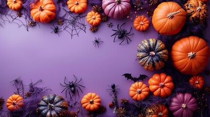 happy halloween holiday concept flat lay top view pumpkins skeletons bats spiders on purple background