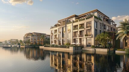 Fototapeta premium Modern Waterfront Apartments with Serene Reflections at Sunset