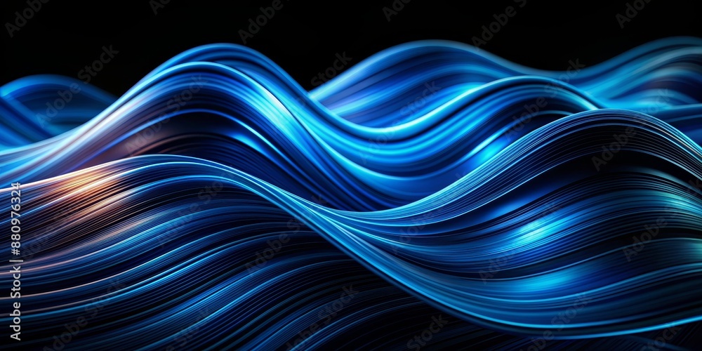 Wall mural abstract blue swirling lines on black background, digital art, 3d illustration, wave, flowing, abstr