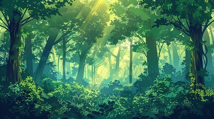 Forest panorama, with a panoramic view of a dense forest, with sunlight filtering through the canopy
