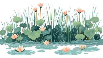 Aquatic plants, with illustrations of water lilies, cattails, and other plants that grow in freshwater habitats