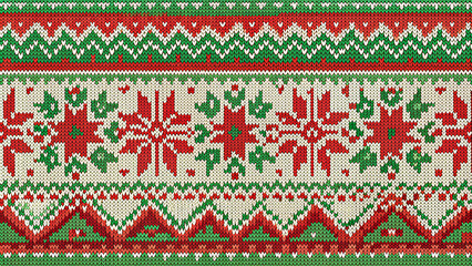 Vibrant vector illustration of Scandinavian-inspired knitted elements and borders featuring sweater ornaments in red, green, and cream, perfect for Christmas and winter designs.