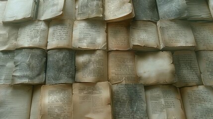 A highangle view of numerous open books laid out side by side