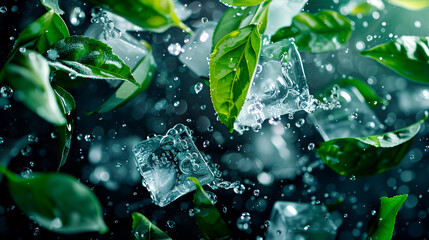Pure water, ice crystal cubes with tea leaves and bubbles. Lemonade refreshing mint herbal drink background