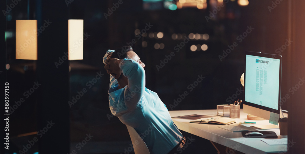 Poster Business, man and relax or satisfied at computer screen with website layout, webpage design or productivity at night. Designer, person and stretching in office for completed work or done with project