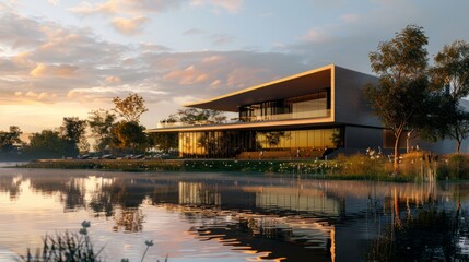 Fototapeta premium Modern Lakeside House at Sunset with Reflections in Water