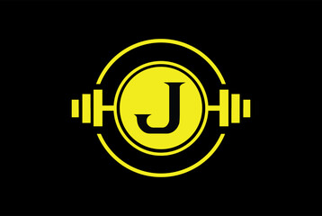 J Logo With barbell. Fitness Gym logo. fitness vector logo design for gym and fitness	
