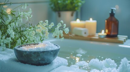 Home spa experience with scented candle bath salts and skincare products in a tranquil bathroom setting