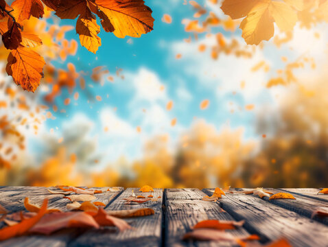 Beautiful autumn background with a wooden table and blurred orange leaves on a blue sky on a sunny day, in the style of product display montage template.