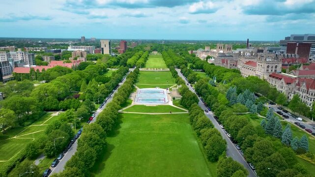 Drone Aerial View of Midway Plaisance Park, Chicago 4K