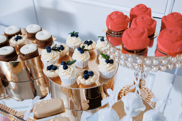 A table with a variety of desserts, including cupcakes, cakes, and pastries. The desserts are arranged on different trays and platters, with some of them having blueberries and other fruits on top