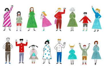 手描きイラスト　色々な年代の女性と男性	
