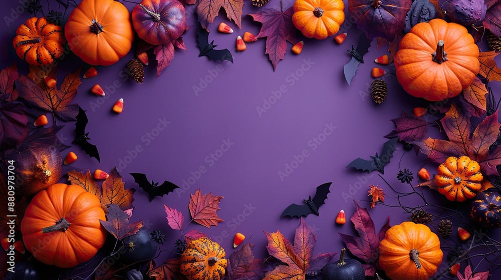 Wall mural happy halloween poster mockup flat lay bony hands pumpkins bats silhouettes on purple background top view,copy space