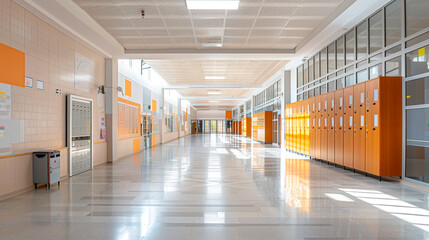 Empty bright school corridor in school or college. Beginning of lessons, education concept