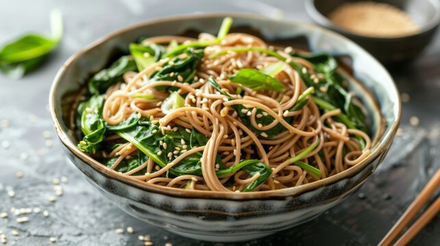 The national cuisine of Japan. Buckwheat noodles with spinach.