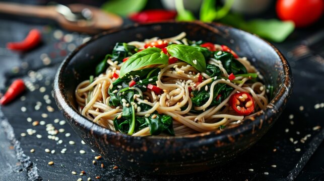 The national cuisine of Japan. Buckwheat noodles with spinach.