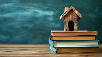 A small decorative house, a stack of textbooks, and a blackboard with space for text represent the idea of home education.
