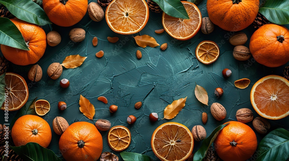 Wall mural happy thanksgiving concept autumn composition,ripe pumpkins fallen leaves dry oranges nuts on rustic green table flat lay top view copy space