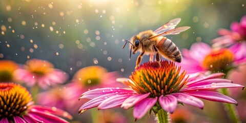 Naklejka premium Bee on a Pink Flower with Dew Drops, Macro Photography, Echinacea, Flower Photography, Nature, Bee, Flower