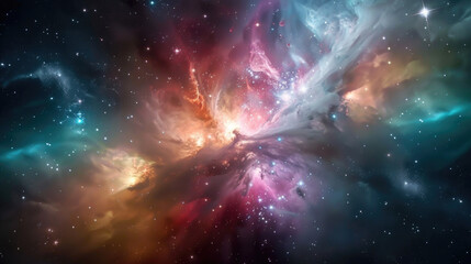 Colorful space cosmic background of supernova nebula, explosive lights and stars, illuminating the universe