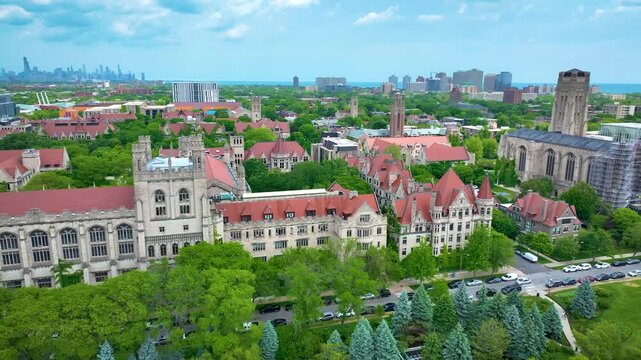 Drone Aerial View of Buildings of University of Chicago and Midway Plaisance Park in Chicago 4K