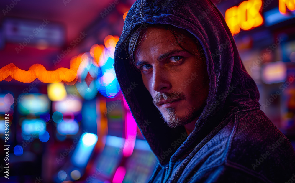 Wall mural Man in a Hoodie in a Neon-Lit Arcade