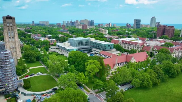 Drone Aerial View of Buildings of University of Chicago and Midway Plaisance Park in Chicago 4K