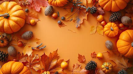 happy thanksgiving day postcard design flat lay pumpkins dry oak leaves acorns cones on orange background autumn fall concept