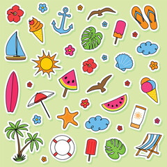 Naklejka premium Cute summer icon set. Hand drawn stickers. Vector illustration