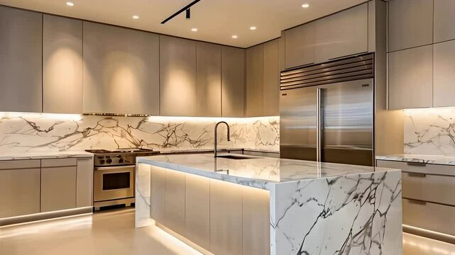 Kitchen interior in luxury style with marble table tops and sleek stainless steel appliances