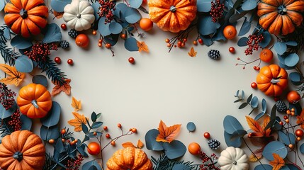 happy thanksgiving phrase,arrangement of orange pumpkins fall leaves branches berries on beige background