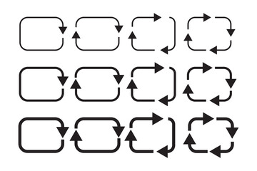 Recycle circle arrows icon set. different circular arrows of black color, different thickness in white background. rectangle shape. Vector illustration. Stock image.
