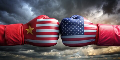 China vs USA Boxing Gloves with Flags,  3D Render, Cloudy Sky, International Conflict, China, USA, Trade War