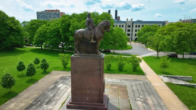 Drone Aerial of Masaryk Monument in Midway Plaisance Park in Chicago 4K