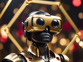 Obraz premium black Robot or android with golden VR Glasses and red Bokeh
