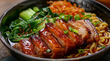The national cuisine of Japan. Baked marinated pork with five spices, pak choi and ramen noodles.