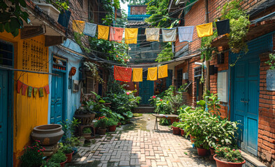 Fototapeta premium Colorful Alleyway in Asia. A narrow alleyway with brick walls, vibrant blue doors