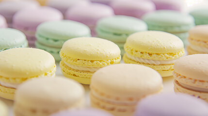 Obraz premium A close-up of various sweet colorful macarons stacked together on white background