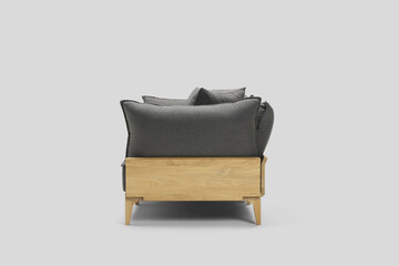 sofa couch settee chesterfield grey colors with chaise longe isolated on white background with shadow reflection. Corner settee sofa with pillows on wooden legs on grey backdrop. Clipping path.