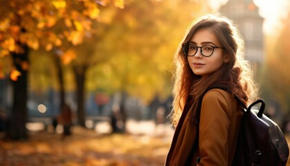 A Girl in a Park with Glasses and a Brown Coat carries a Black Backpack.