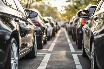 Car parked at outdoor parking lot. Used car for sale and rental service. Automobile parking area. Car dealership and dealer agent concept.