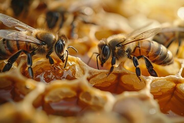 Naklejka premium Detailed View of Bees Working on Honeycomb Filled with Fresh Honey. Generative AI