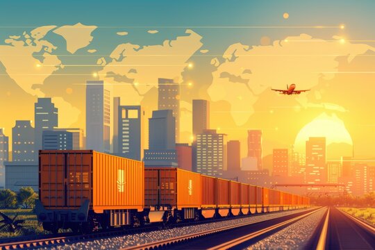 Freight train is leaving the city at sunset with an airplane taking off in the background