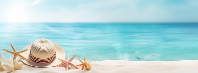 Banni&egrave;re avec fond bleu ciel, coquillages et &eacute;toiles de mer, feuilles sur le c&ocirc;t&eacute; et chapeau. Plage, mer. Vacances, &eacute;t&eacute;, soleil, d&eacute;tente. Pour conception et cr&eacute;ation graphique.