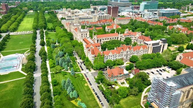 Drone Aerial View of Buildings of University of Chicago and Midway Plaisance Park in Chicago 4K