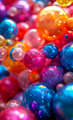 Colorful Shiny Spheres Close Up. A close-up view of a cluster of colorful, shiny spheres, arranged in a random