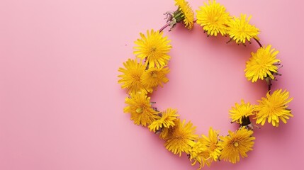 Bright yellow dandelion wreath on pink background from above space for text